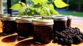 Black elderberry jam, ready to eat. Fresh ripe black elderberries, elderberry syrup. generative ai