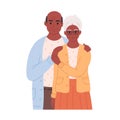 Black elderly love couple hugging. Smiling grandpa and granny. Retired man and woman. Older couple portrait. Hand drawn