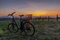 Black electric bicycle with sunset on light green meadow in spring evening