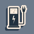 Black Electric car charging station icon isolated on grey background. Eco electric fuel pump sign. Long shadow style Royalty Free Stock Photo