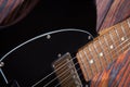 Black electric guitar on old wooden background. Close-up