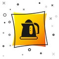 Black Electric kettle icon isolated on white background. Teapot icon. Yellow square button. Vector