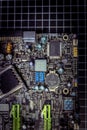 Black electronic circuit mother board looking down