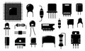 Black electronic component icons. Electric circuit conductor and semiconductor parts, diode transistor resistor