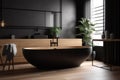modern home furniture bathtub design bathroom wood black style interior luxury. Generative AI. Royalty Free Stock Photo