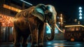 Black elephant on asian night city street in cyberpunk style. Generative AI