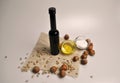 Olive oil, sunflower seeds, nuts and salt Royalty Free Stock Photo