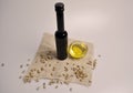 Olive oil, sunflower seeds, nuts and salt Royalty Free Stock Photo