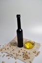 Olive oil, sunflower seeds, nuts and salt Royalty Free Stock Photo