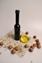 Olive oil, sunflower seeds, nuts and salt Royalty Free Stock Photo
