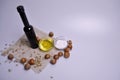 Olive oil, sunflower seeds, nuts and salt Royalty Free Stock Photo