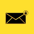 Black Email message lock password icon isolated on yellow background. Envelope with padlock. Private mail and security, secure, Royalty Free Stock Photo