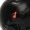 Black Embossed Earth Globe with Europe Close-Up. The United Kingdom is Highlighted in Red in The Center.