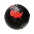 Black Embossed Earth Globe with North America. The USA is Highlighted in Red. Royalty Free Stock Photo