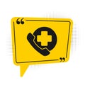 Black Emergency phone call to hospital icon isolated on white background. Yellow speech bubble symbol. Vector