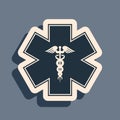 Black Emergency star - medical symbol Caduceus snake with stick icon isolated on grey background. Star of Life. Long