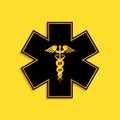 Black Emergency star - medical symbol Caduceus snake with stick icon isolated on yellow background. Star of Life. Long shadow