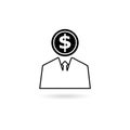 Black Employee wages icon or logo, Businessman silhouette with dollar sign, User earnings icon