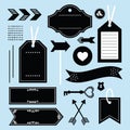 Black empty and blank tags, labels, and emblems icons design element set on blue