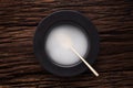 Black empty bowl spoon on wooden table background