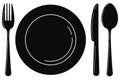 Black empty plate with spoon, knife and fork isolated on a white background. Royalty Free Stock Photo