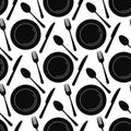 Black empty plate with spoon, knife and fork seamless pattern isolated on a white background. Royalty Free Stock Photo