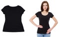 Black empty t-shirt on girl and empty t shirt close up isolated over white copy space Royalty Free Stock Photo