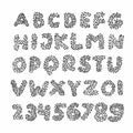 Black english alphabet abc latin font A to Z and digits 0 to 9 set consisting of dots. Vector illustration in doodle hand written Royalty Free Stock Photo