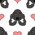 Black English Cocker Spaniel dog head seamless pattern background with dog bone. Cartoon dog puppy background. Hand drawn childish