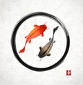 Black enso zen circle with red and black koi carps Royalty Free Stock Photo