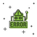Black Error in the operation program of the robot icon isolated on white background. A broken chip of a robot. Vector