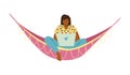 Black ethnic female sitting in hammock working or study with her laptop computer. Hispanic character freelance work.