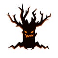 Black evil tree with scary smiling face, fire inside and bare branches. Halloween character in flat style Royalty Free Stock Photo