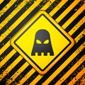 Black Executioner mask icon isolated on yellow background. Hangman, torturer, executor, tormentor, butcher, headsman