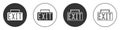 Black Exit icon isolated on white background. Fire emergency icon. Circle button. Vector Royalty Free Stock Photo