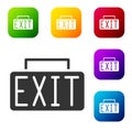 Black Exit icon isolated on white background. Fire emergency icon. Set icons in color square buttons. Vector Royalty Free Stock Photo
