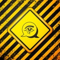 Black Eye of Horus icon isolated on yellow background. Ancient Egyptian goddess Wedjet symbol of protection, royal power