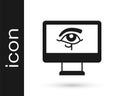 Black Eye of Horus on monitor icon isolated on white background. Ancient Egyptian goddess Wedjet symbol of protection