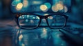 Black eyeglasses rest on a desk in front of a computer screen, illuminated by the soft glow of the screen's Royalty Free Stock Photo