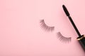 Black eyelashes and mascara on pink background with copy space Royalty Free Stock Photo