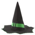 Black fabric witch hat with green ribbon for Halloween.