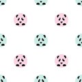 The black face of a Panda in a blue and pink circle panda bear icon isolated seamless pattern on white background. Vector Royalty Free Stock Photo