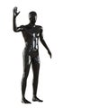 A black faceless guy mannequin stands and shows a gesture of greeting with his right hand. 3D