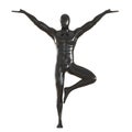 A black faceless male mannequin stands with his legs curled up and his arms outstretched on a white background. 3d