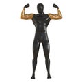 A black faceless mannequin with golden hands stands in an athlete's pose on a white background. Front view. 3d rendering