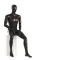 A black faceless mannequin guy sits on a white round stool. 3d rendering