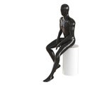 A black faceless mannequin guy sits on a white round stool. 3d rendering