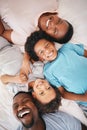 Black family, bedroom portrait and top view with smile, happiness and kids with funny time with dad, mom and love. Happy Royalty Free Stock Photo