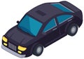 Black family car for driving on road. Transport for traveling and city trips. Flat isometric automobile