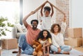 Black family, floor and cardboard roof in new house for portrait, living room or games with laugh, bond or love. Father Royalty Free Stock Photo